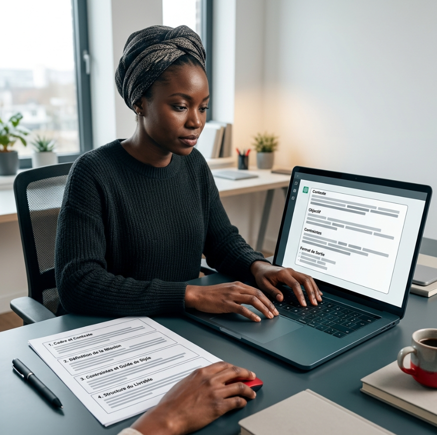 Professionnel rédigeant un prompt structuré dans une interface d’intelligence artificielle.