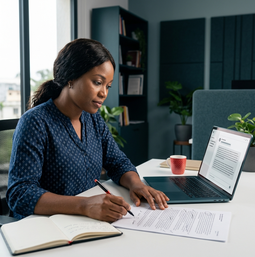 Entrepreneur utilisant l’IA comme assistant tout en vérifiant son travail.