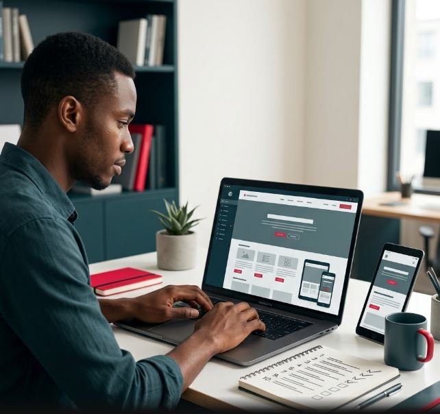 Professionnel travaillant sur la création structurée d’un site WordPress.